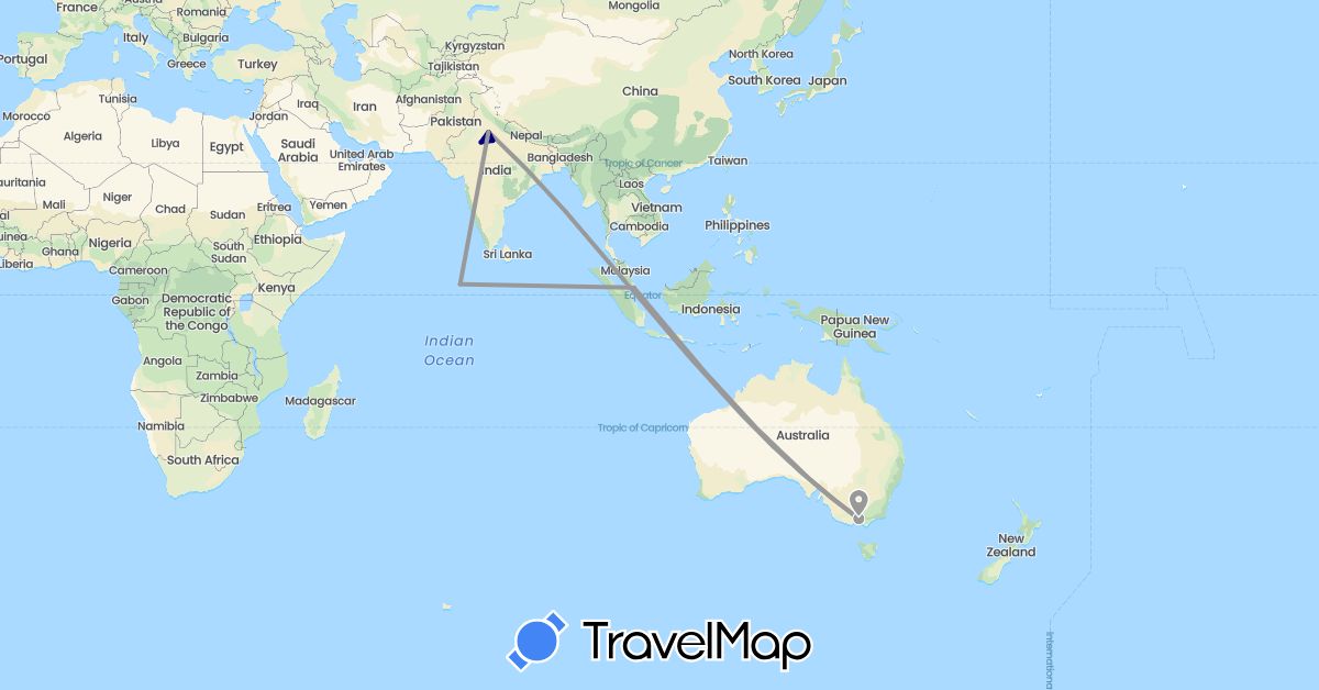TravelMap itinerary: driving, plane in Australia, India, Maldives, Singapore (Asia, Oceania)